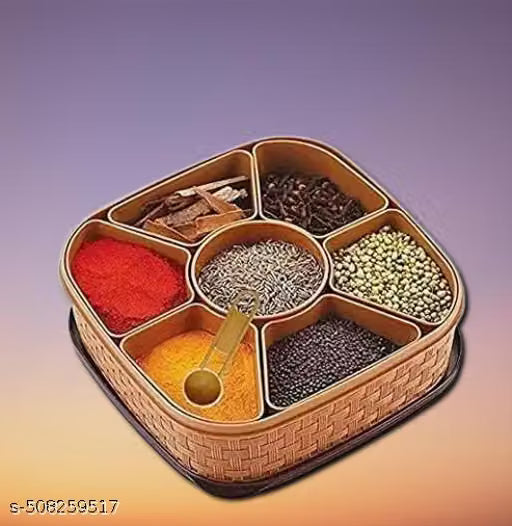 7-Section Brown Plastic Masala Spice Box