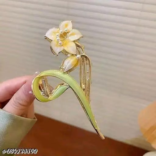 Pink and Yellow Metal Flower Hair Claw Clip Set of Two