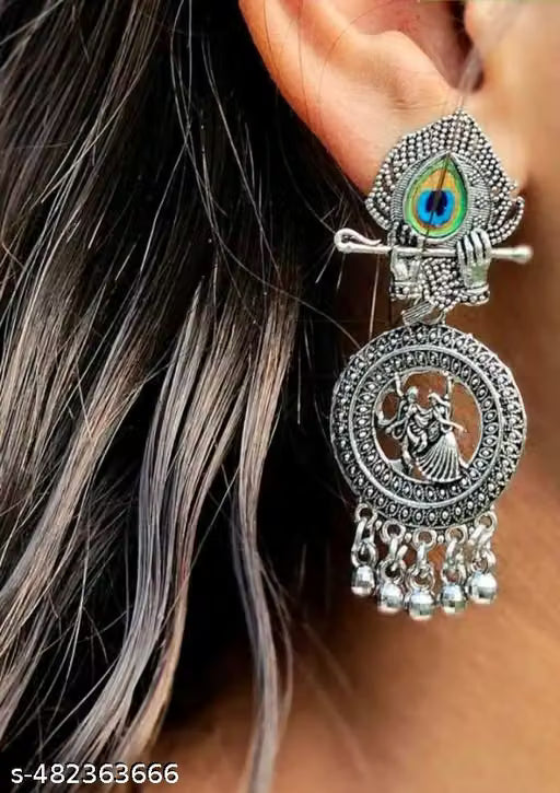Shri Krishna Motif Oxidised Jhumka Earrings