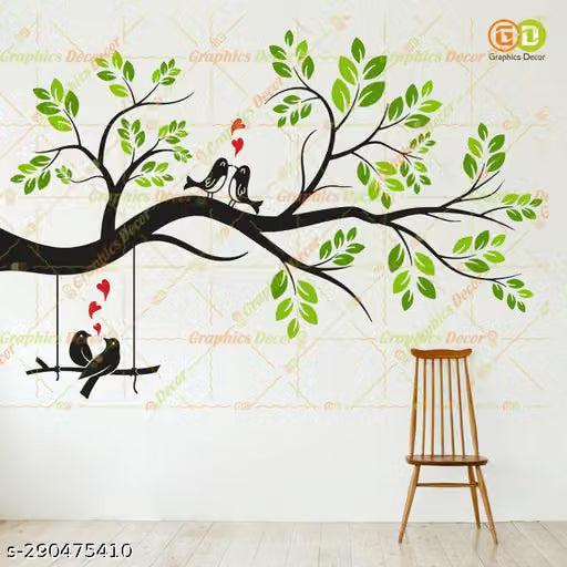 Love Birds With Green Leaf Tree Wall Sticker