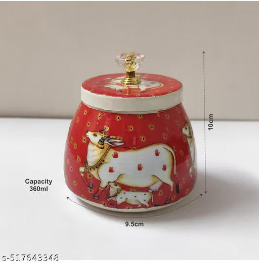 Red Decorative Storage Jar with Traditional Cow Motif