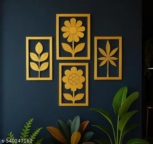 Gold CNC Wooden Flower Wall Art Set of 4