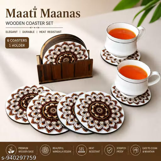 White Laser-Cut Wooden Coasters with Holder, Set of 6