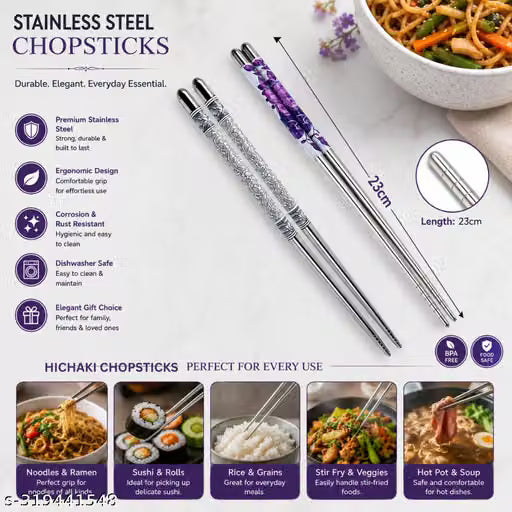 Reusable Stainless Steel Chopsticks, Grey and Purple, Set of 2