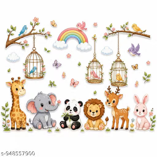 SatnamEncase Cute Jungle Animal Wall Stickers for Kids Room | Bird Cage Nursery Wall Decals with Giraffe, Elephant, Panda & Lion | Waterproof Self Adhesive PVC Wall Decor | 60x40 cm