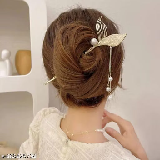 Mermaid Tail Pearl Tassel Hair Stick with Rhinestones