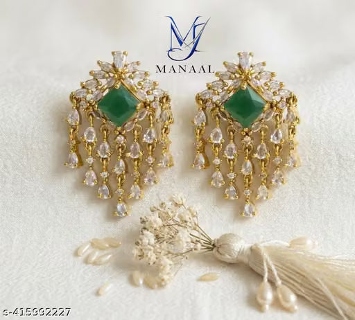Green Stone Gold Tone Jhumka Earrings
