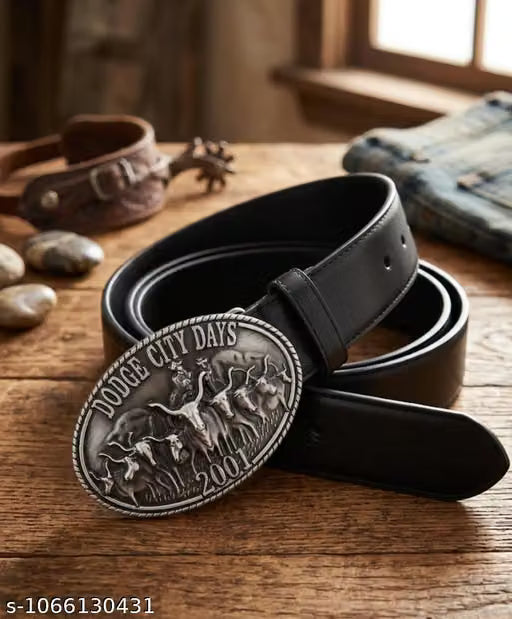 Men Black Western Belt with Antique Longhorn Buckle