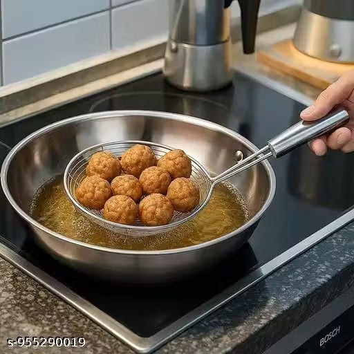 Stainless Steel Frying Jhara and Strainer Set, 3 Pieces