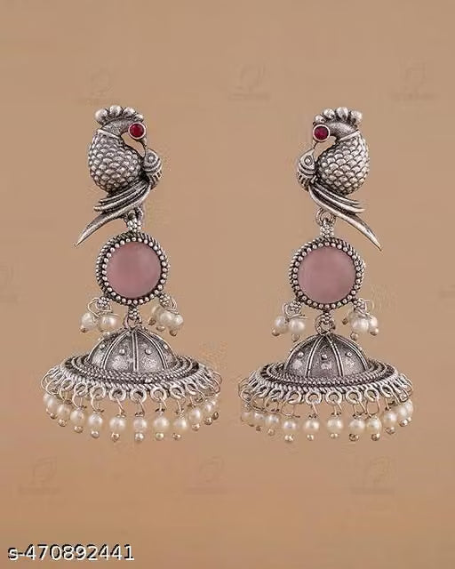 Oxidised Silver Bird Motif Jhumka Earrings