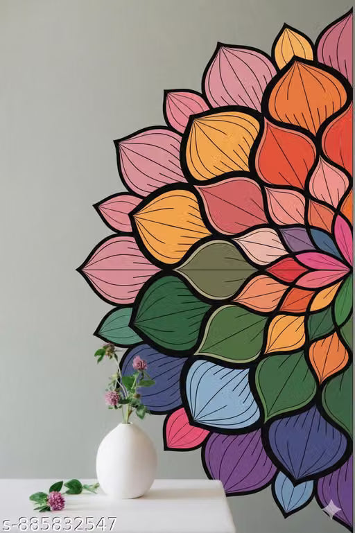 Colourful Mandala Flower Wall Decal Sticker, Multicolour, Boho Floral Design, 55 x 110 cm Self Adhesive Sticker (Pack of 1)