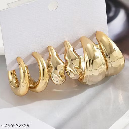 Gold Plated Half Hoop Earrings Set of 3 Pairs