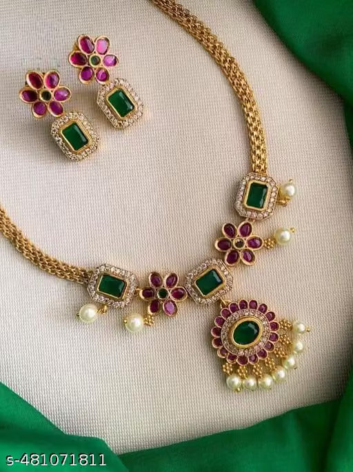 Green and Red Floral Stone Necklace with Pearl Drops
