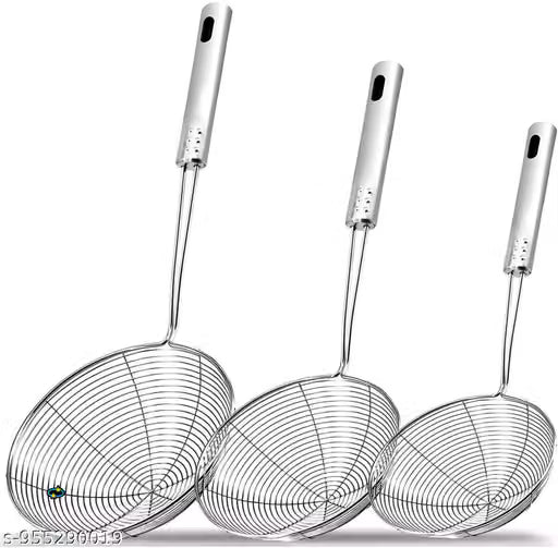 Stainless Steel Frying Jhara and Strainer Set, 3 Pieces