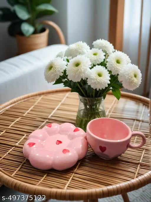 Pink Heart Ceramic Cup and Bubble Saucer Set