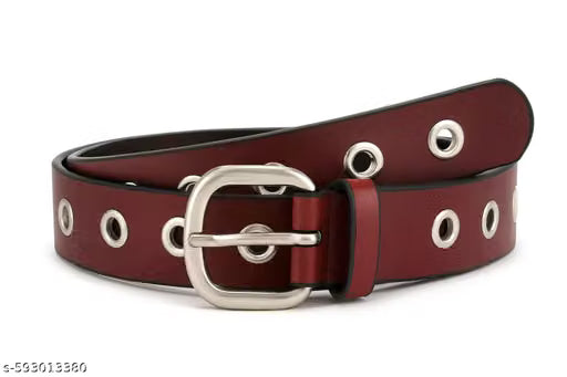 Women Double Grommet Faux Leather Belt with Silver Buckle