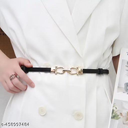 Women Black Slim Belt with Gold Horsebit Buckle