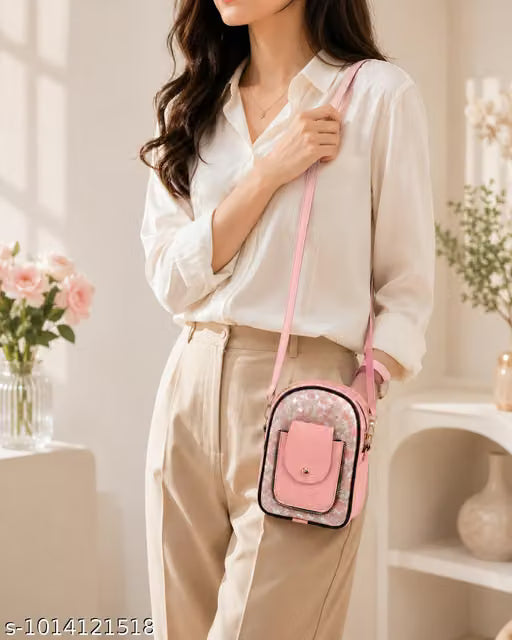 Pink Floral Printed PU Leather Three-Compartment Mobile Sling Bag