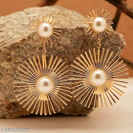 Dual Sun Shape Pearl Drop Earrings