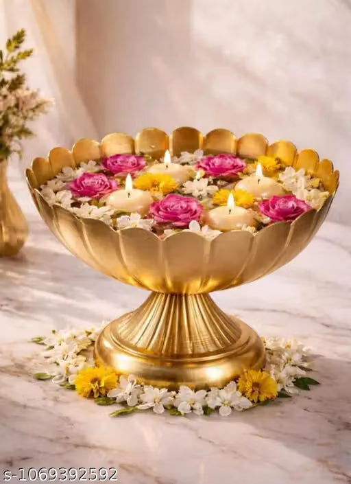 Golden Metal Urli Bowl With Stand Decor Diwali Decoration