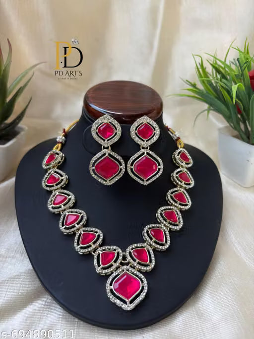 Rani Pink Kundan Polki Necklace with Drop Earrings