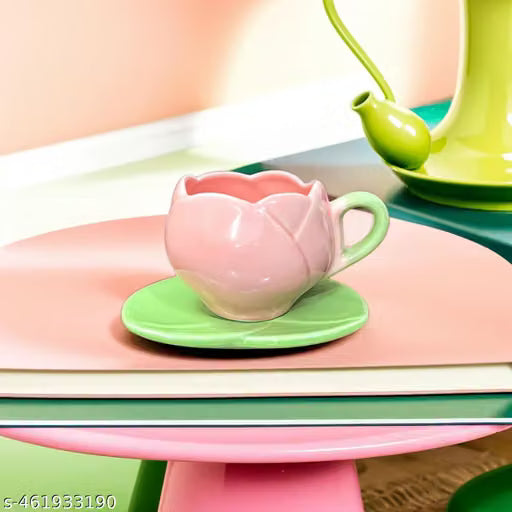 Pink Tulip Ceramic Cup with Leaf Saucer Set