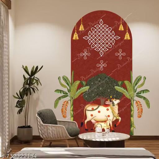 Art Kafe Pichwai Painting – Kamdhenu Cow & Marooon Color Wall Painting - Traditional Indian Wall Art for Home & Office Décor (Wrapped Sticker, 34 X 43 inch)