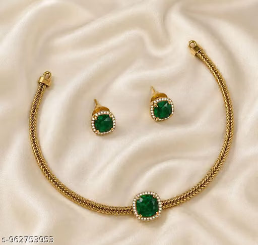 Green Stone Gold Tone Necklace with Matching Earrings