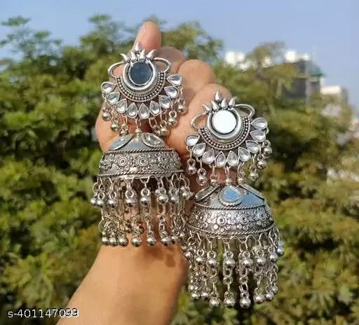 Silver Oxidised Mirror Work Jhumka Earrings