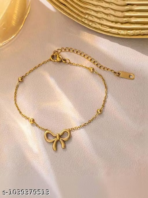 Gold Plated Bow Charm Adjustable Chain Bracelet