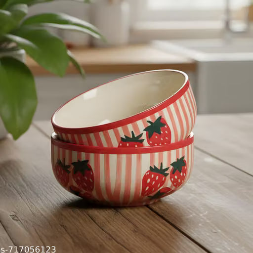 Strawberry Print Ceramic Bowls with Red Stripes, Set of 2