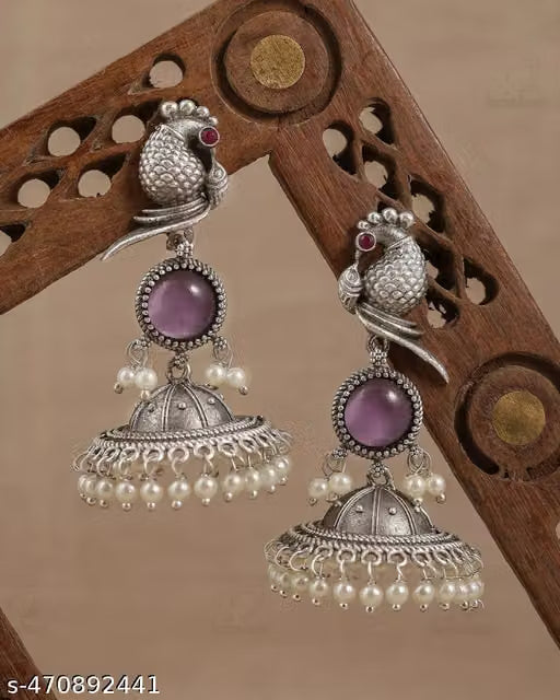 Oxidised Silver Bird Motif Jhumka Earrings