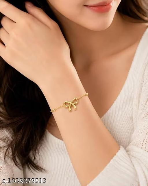 Gold Plated Bow Charm Adjustable Chain Bracelet