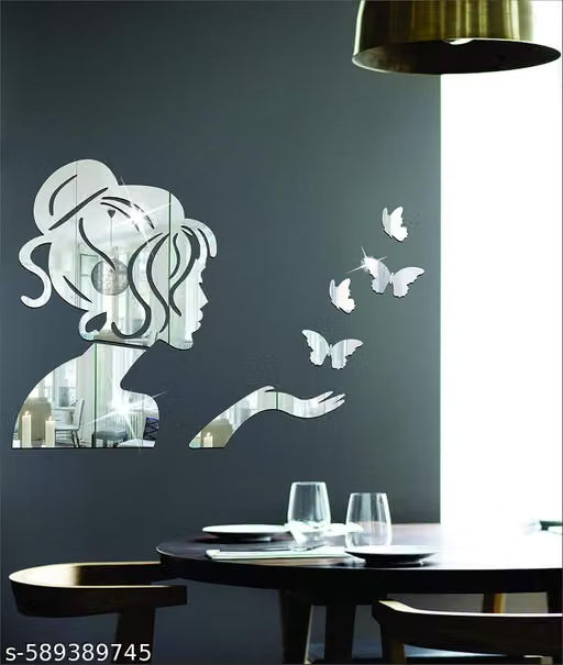 Wall Sticker Angel and 4 Butterflies Silver, Mirror Stickers for Wall, Acrylic Stickers, Wall Mirror Stickers, Wall Stickers for Bedroom, Hall, Home Offices