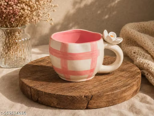 Pink Checkered Ceramic Mug with Flower Handle