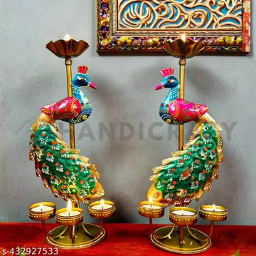 Metal Peacock Pair Candle Holders