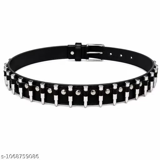Men Black Bullet Studded Faux Leather Biker Belt