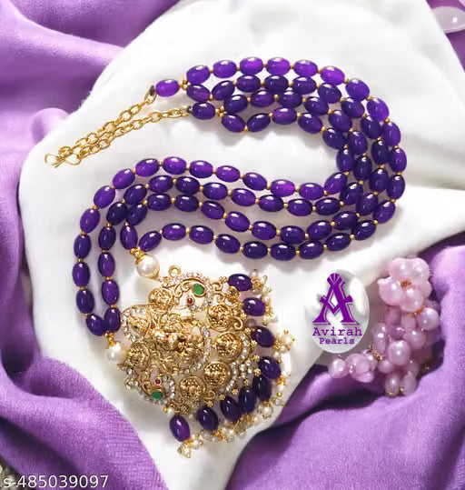 Purple Glass Bead Necklace with Ashtalakshmi Pendant