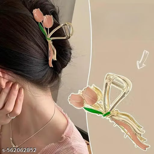 Pink Tulip Metal Hair Claw Clip