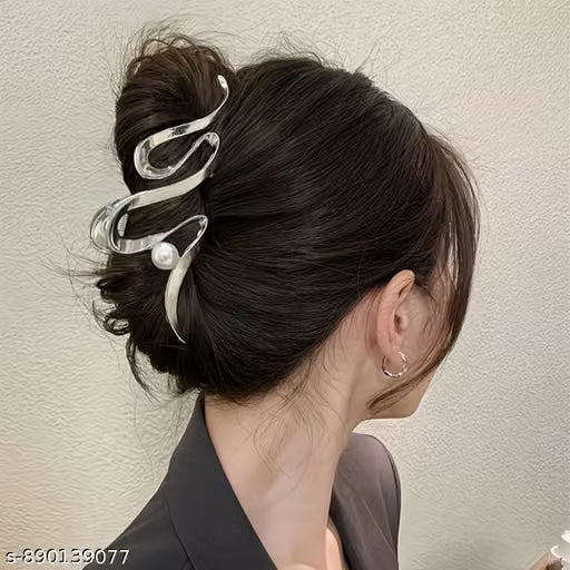 Silver Tone Pearl Metal Hair Claw Clip