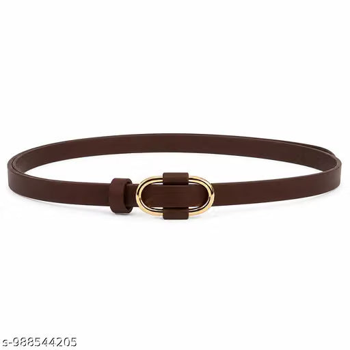 Women Brown Slim Faux Leather Belt with Gold Buckle