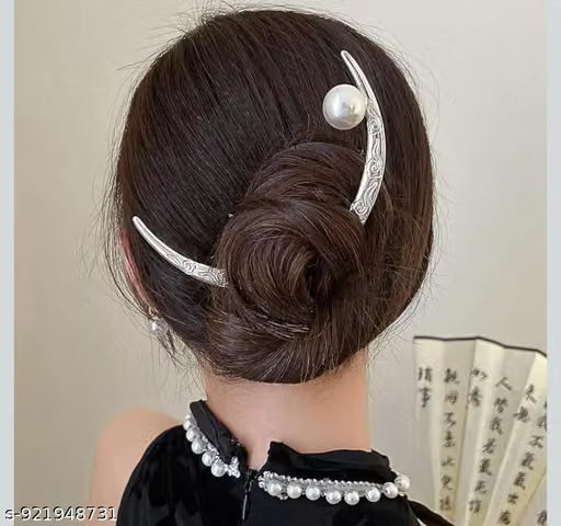 Silver Crescent Moon Pearl Hair Fork