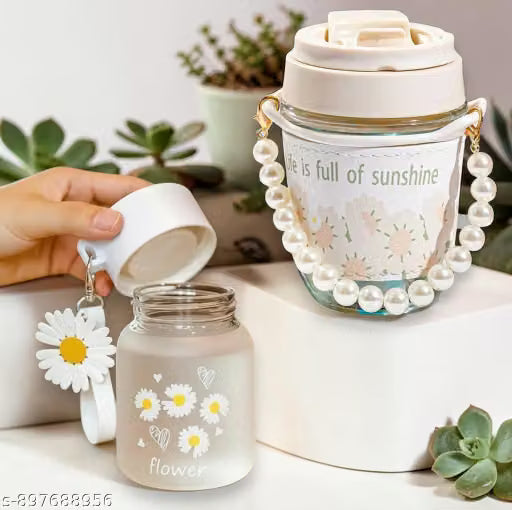 Frosted Glass Daisy Water Bottle with Pearl Handle Strap