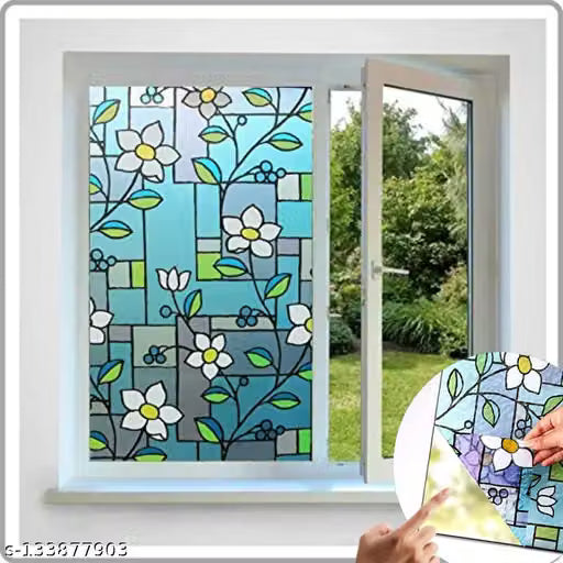 WOLOUR (41x153)CM Sky Blue White Flower Printed Window Films Privacy Glass Film Self Adhesive Decorative Film for Bathroom/Door Window/Heat Control/Sidelight/Anti UV Control Stickers